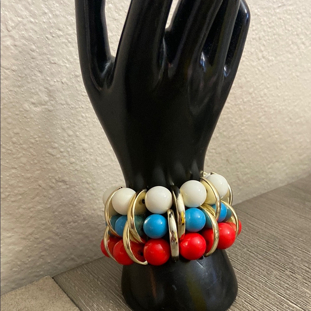 Vintage 90s Multicolor Beaded Red White & Aqua Blue Stretch Bracelet